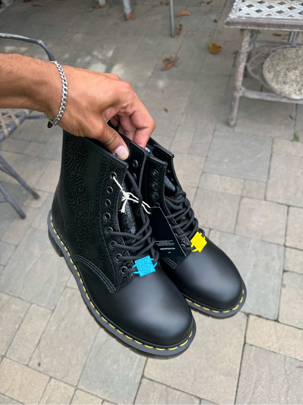 Black Dr. Marten x Keith Harring Men’s Leather Boots with Yellow Stitching